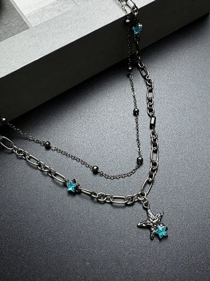 Sapphire Rhinestone Star Bead Chain Necklace - YSHXS