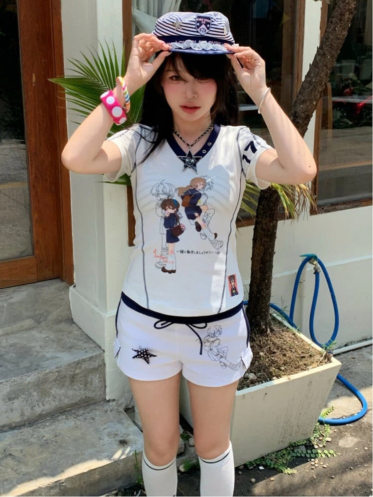 Print White T-Shirt Stripe Details Character with and