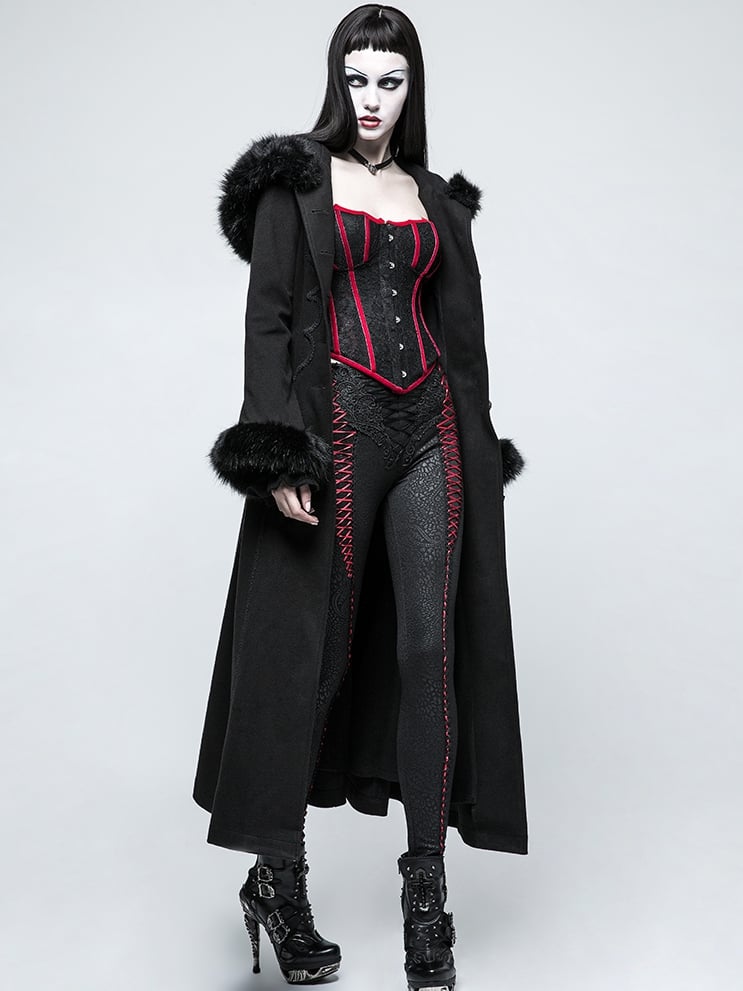Black Gothic Long Disc Worsted Coat Flowers