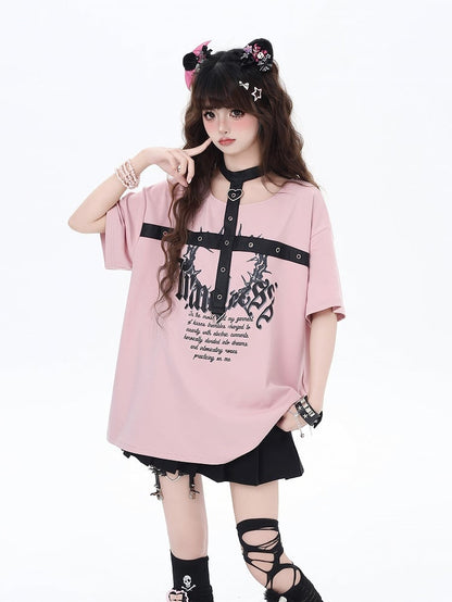 Black/Pink Glamorous Graphic T-Shirt with PU Straps Y2K Halter Neck