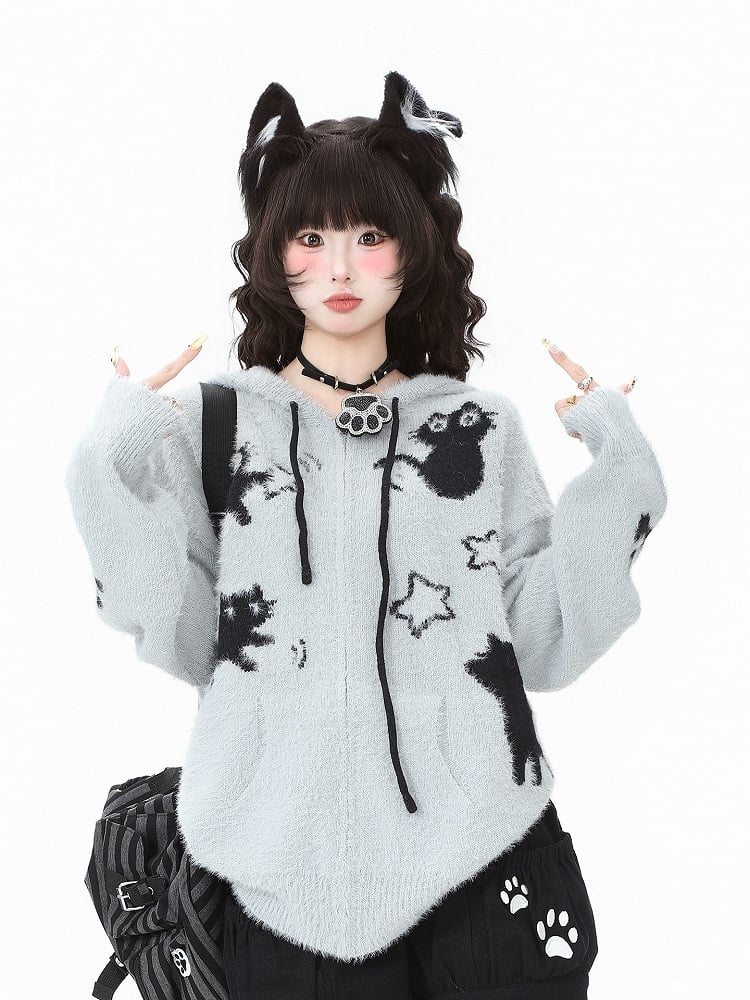 Hooded Kawaii Cat Jacket Patterns Star-shaped Zipper Knit Apricot/Grey Closure - Daily in