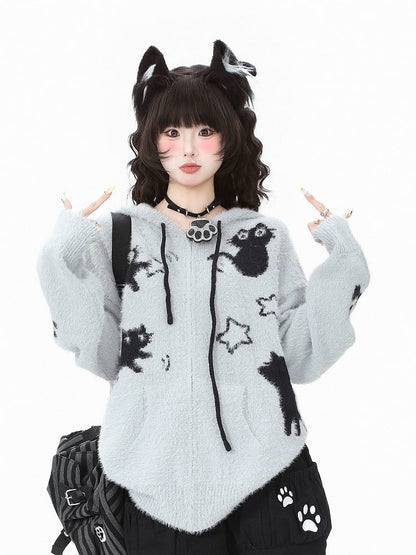 Hooded Kawaii Cat Jacket Patterns Star-shaped Zipper Knit Apricot/Grey Closure - Daily in