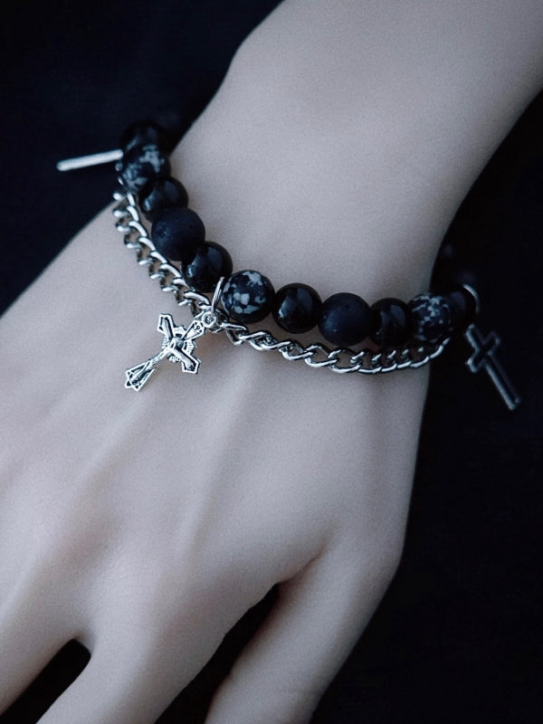 Black Bracelet Beaded with Gothic Chains Cross Handmade Charm