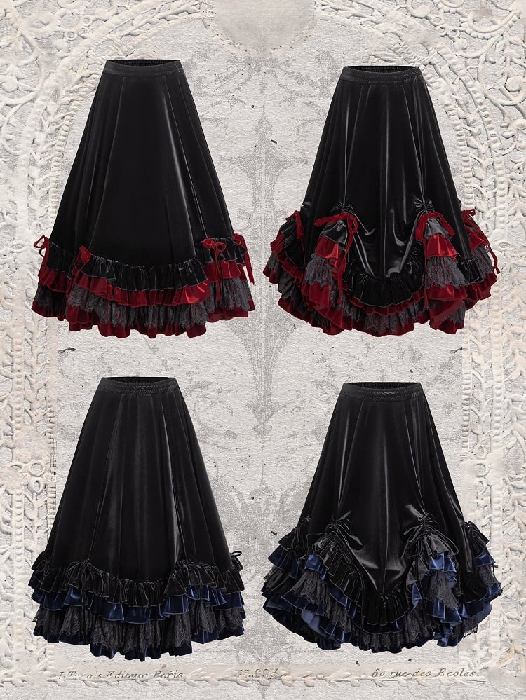 Gothic Lolita Layered Ruffle Hem Velvet Skirt Drawstring Design - Evégie