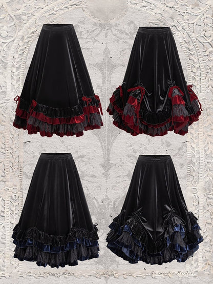 Gothic Lolita Layered Ruffle Hem Velvet Skirt Drawstring Design - Evégie