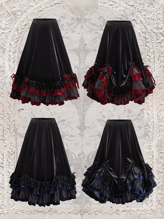 Gothic Lolita Layered Ruffle Hem Velvet Skirt Drawstring Design - Evégie