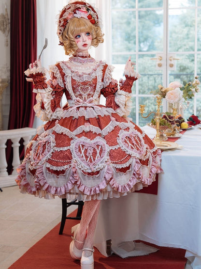 赤い花嫁ロゼット刺繍の花とビーズチェーンのディテールロリータOPフルセット