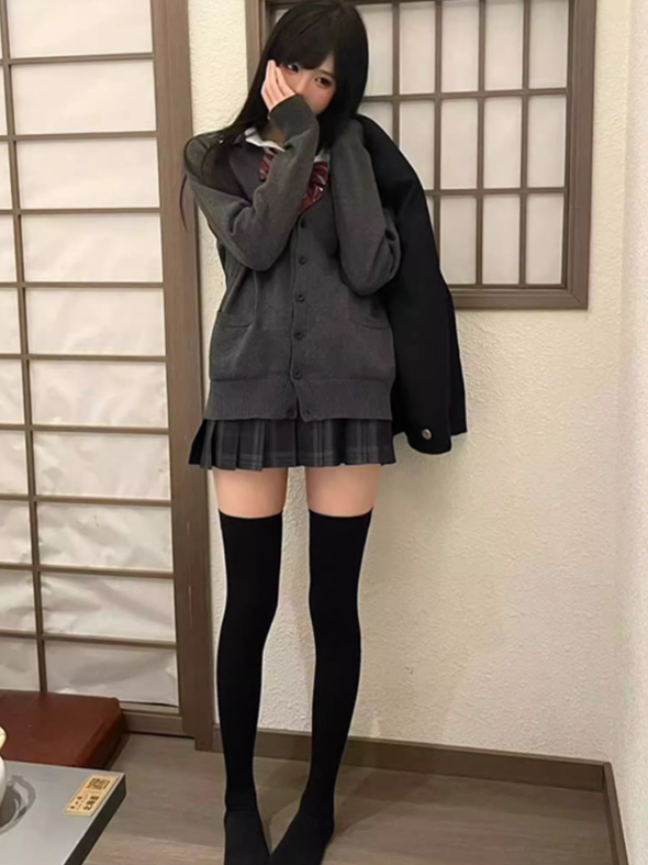 Pattern Dark JK Skirt Pleated Uniform 39CM Plaid Gray