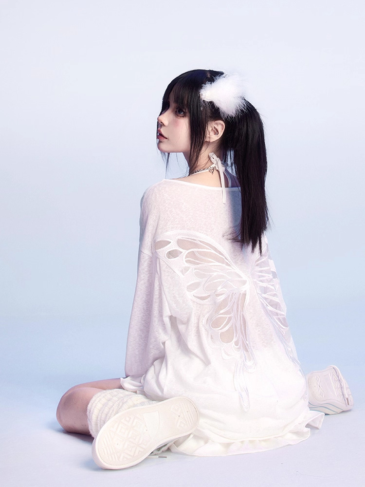 Butterfly-shaped Cutout White Asymmetrical Neckline Semi-sheer Coverup