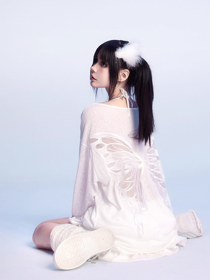 Butterfly-shaped Cutout White Asymmetrical Neckline Semi-sheer Coverup