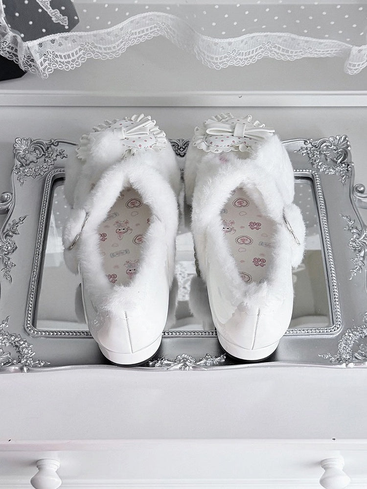 Fluffy Fur Heart-Adorned Winter Bunny Lolita Footwear - Cute Bunny