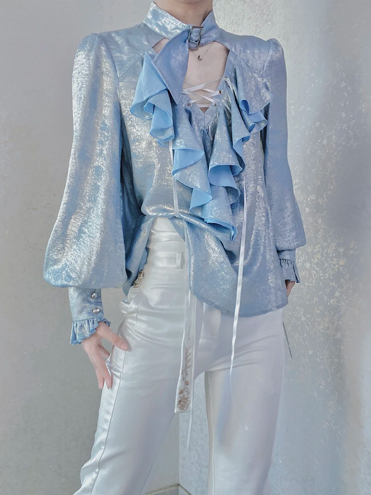 Pirate Light Blue Vibes Lolita with Collar Shirt Sleeves Lace-Up Long and Ouji Buckled