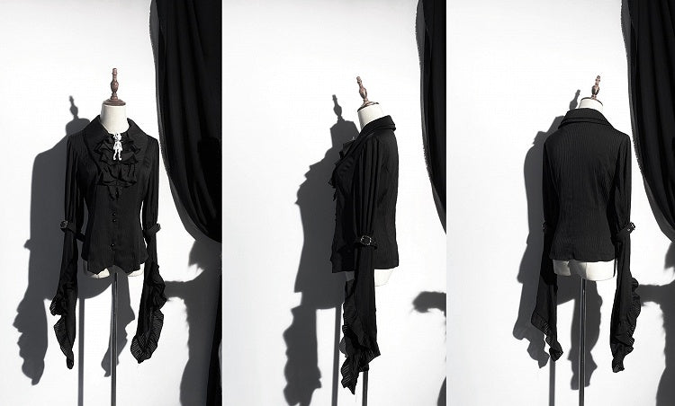 Black Pointed Shirt Flat Lolita Gothic Collar Long Available Sizes Plus Sleeves Layered