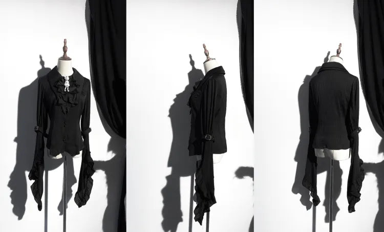 シャツ ロリータ プラス レイヤードスリーブ ゴシック サイズ展開 尖った 黒 フラットカラー ロング