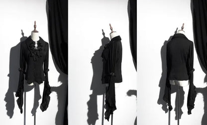 シャツ ロリータ プラス レイヤードスリーブ ゴシック サイズ展開 尖った 黒 フラットカラー ロング