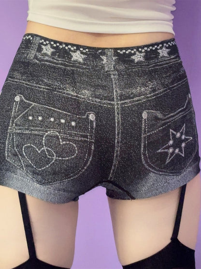 Y2K Denim Print Blue/Black/Gray With Shorts