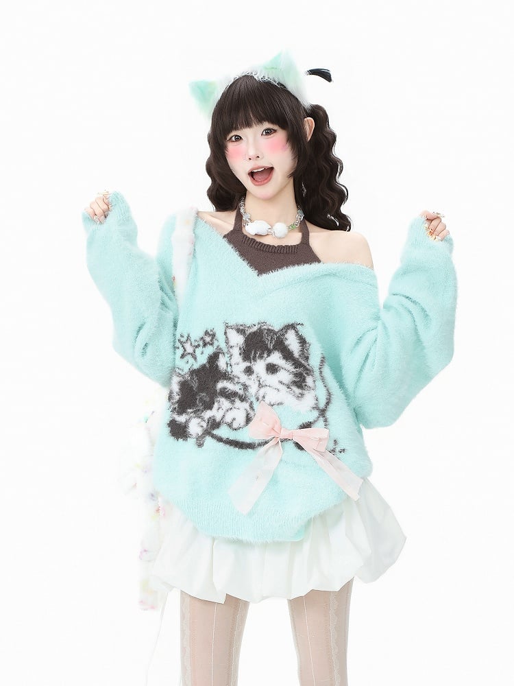 with Cat Sweater Bow Green/Black Pink Faux Two-Piece Knit Print