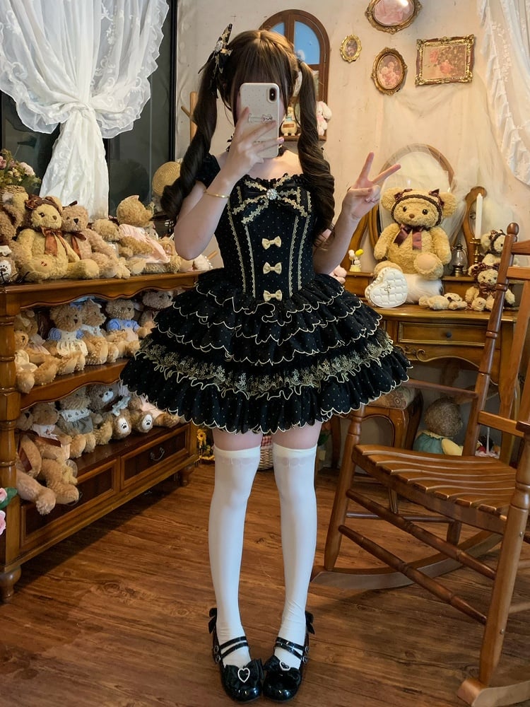 Scallop Tiered Black Boned Polka Dot Lolita Waist with Dress Trim Princess Hem