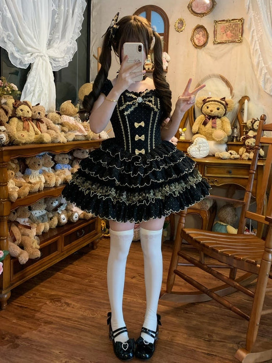 Scallop Tiered Black Boned Polka Dot Lolita Waist with Dress Trim Princess Hem