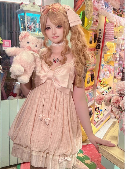 Pink Bow Polka Dot Sleeveless Bubble Dress with Lace - Tan Tuan