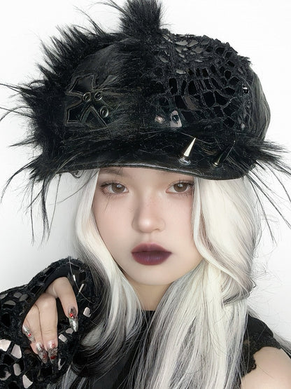 Dark Gothic Snakeskin Cross Black Beret