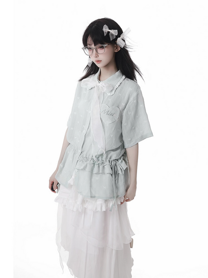 リボン刺繍半袖シャツ ライトグリーン ドローストリングウエスト 総柄