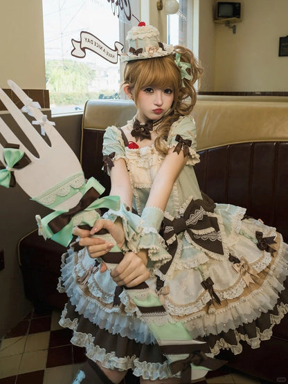 Waist Mint Bowknot Green Chocolate Details Lolita Dropped Layered Dress Sweet Hem