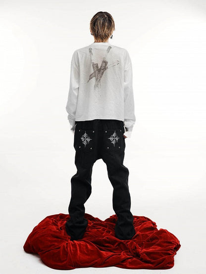 Punk White Distressed Unisex Long-Sleeve Tee with Knife Letter Graphic - DETW OnLine