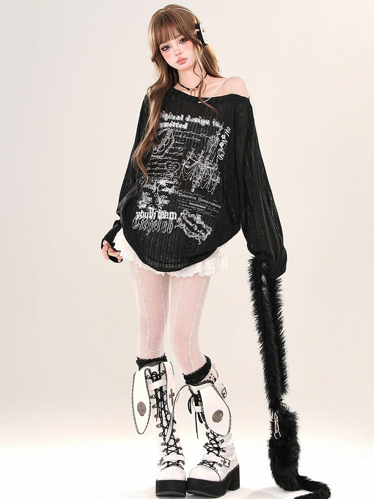 Schwarz/weißes, locker sitzendes, bedrucktes Oberteil mit asymmetrischem Ausschnitt