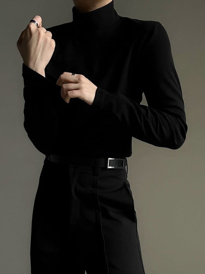 Black with Sleeve Neck Top Slim-fitting Soft Mock Prince Long Fleece Lining