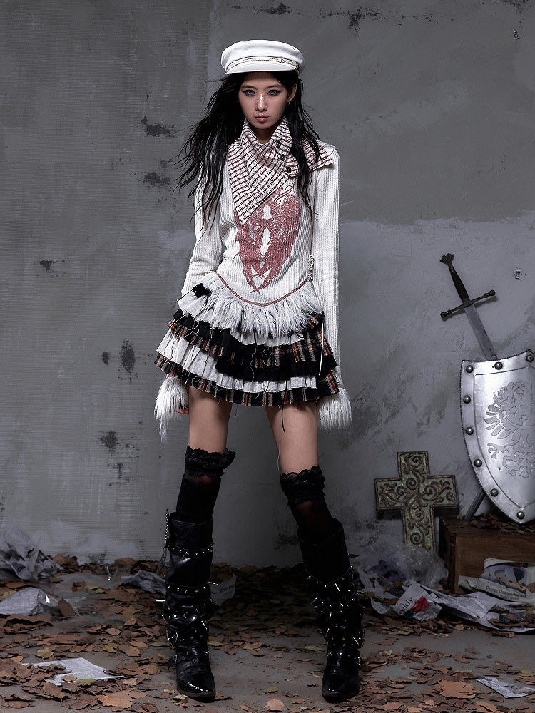 Shawl Vintage Red Print Christmas Plaid Knit Punk Top White Collar Wing with