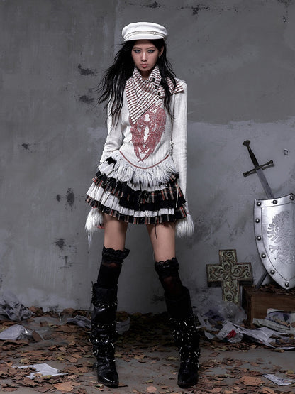 Shawl Vintage Red Print Christmas Plaid Knit Punk Top White Collar Wing with