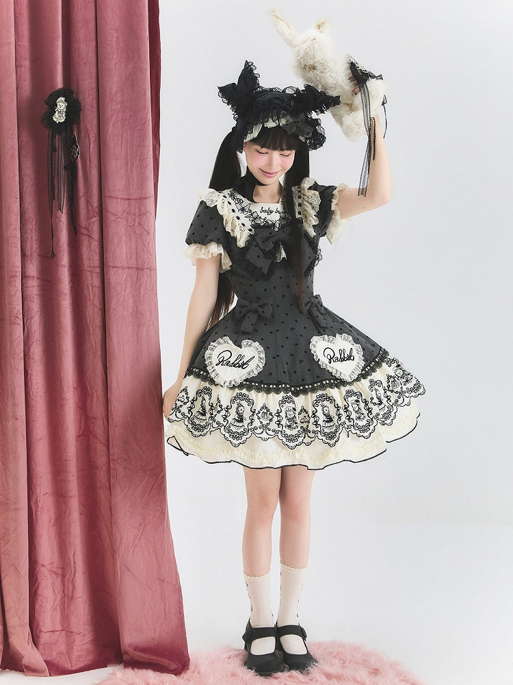 Gray Dot Sweet Lace-Trimmed Pattern Rabbit Dress Appliques with Polka Lolita Sweetheart