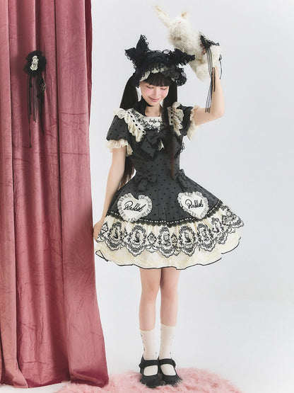 Gray Dot Sweet Lace-Trimmed Pattern Rabbit Dress Appliques with Polka Lolita Sweetheart