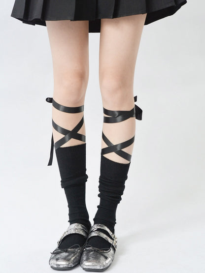 Calf Strappy Ballet-Style Design White/Black Bowknot Socks