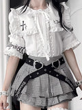 Front with Trimmed Short Tie Gothic Ruffle Bow Sleeve Eyelet Top Lacing White Metal Back
