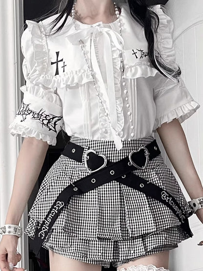 Front with Trimmed Short Tie Gothic Ruffle Bow Sleeve Eyelet Top Lacing White Metal Back