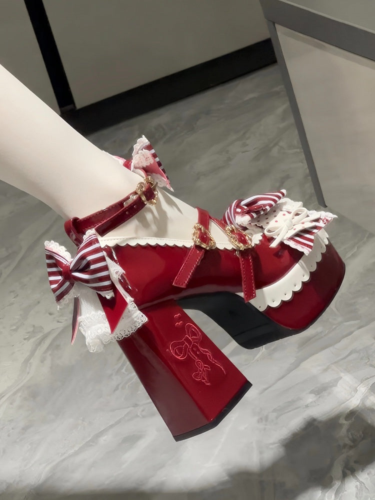 Bowknot & Buckle Straps Round Toe High Heels with Embroidery - Qu Qi Biscuits