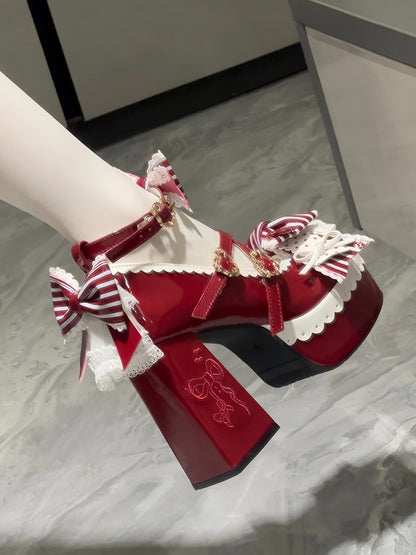 Bowknot & Buckle Straps Round Toe High Heels with Embroidery - Qu Qi Biscuits