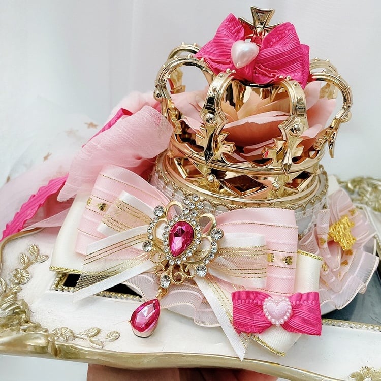 ピンクホワイト詳細ラインストーンチャームクラウンジライミニケイハットちょう結び