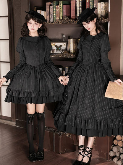 Black Striped Long Sleeve Short Lolita OP Dress with Mini Hat & 2-Way Bow Brooch Set - With PUJI