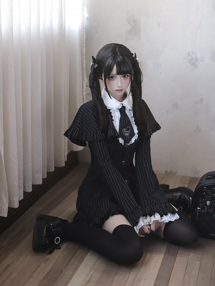 Embroidered Detachable Sleeves Black Bell with Ensemble Tie - Mini Dress Cape Shorts Kei Striped Jirai