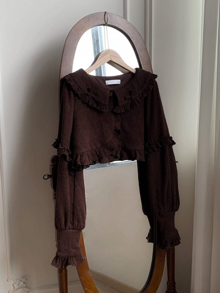 Ruffle for Autumn Winter Brown Trimming Cardigan and Cropped