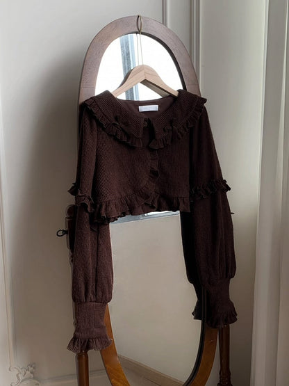 Ruffle for Autumn Winter Brown Trimming Cardigan and Cropped
