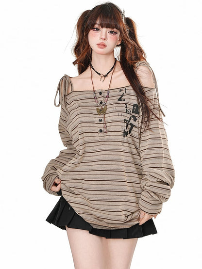 Khakifarbenes, schulterfreies Vintage-Streifen-Top