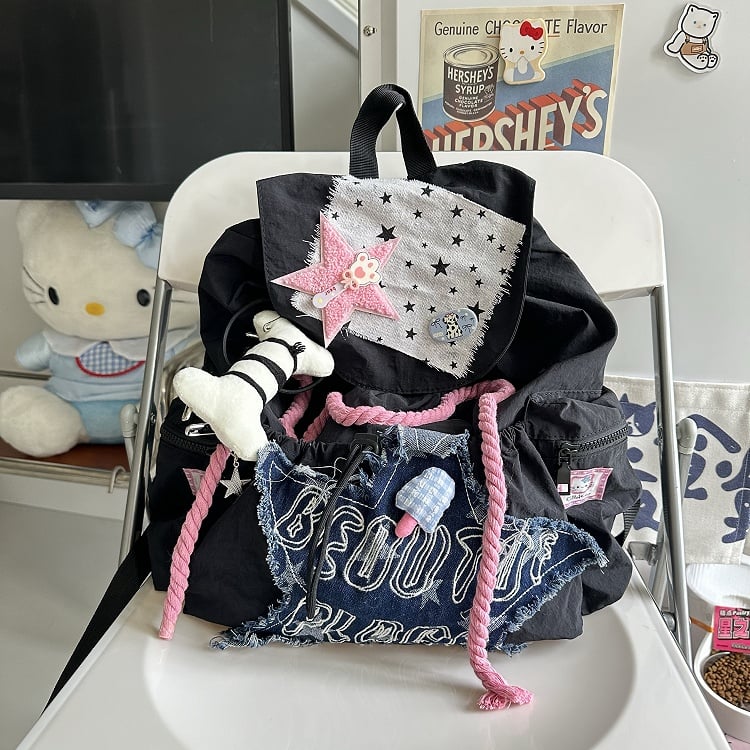 Black Backpack Preppy Drawstring Pink Frayed Applique Star Y2K with