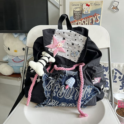 Black Backpack Preppy Drawstring Pink Frayed Applique Star Y2K with