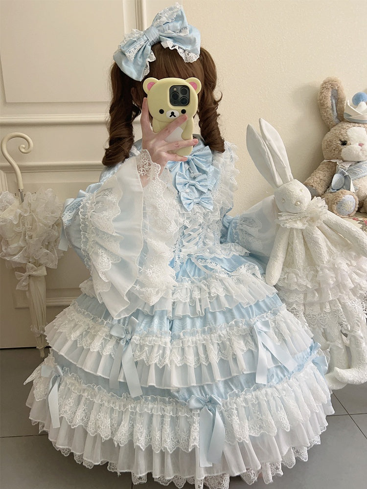 Bell Skirt Bows Tiered Ruffle Lolita Decorated Dress Blue Sleeves Long