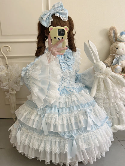 Bell Skirt Bows Tiered Ruffle Lolita Decorated Dress Blue Sleeves Long