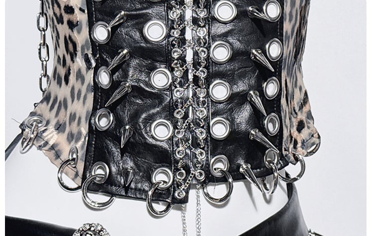 Black Halter Neck Leopard Pattern Stud Ring Corset Top